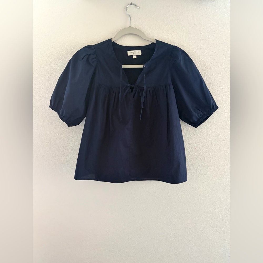Habitual Navy Blue Cotton Puff Sleeve Tie Top Size XS